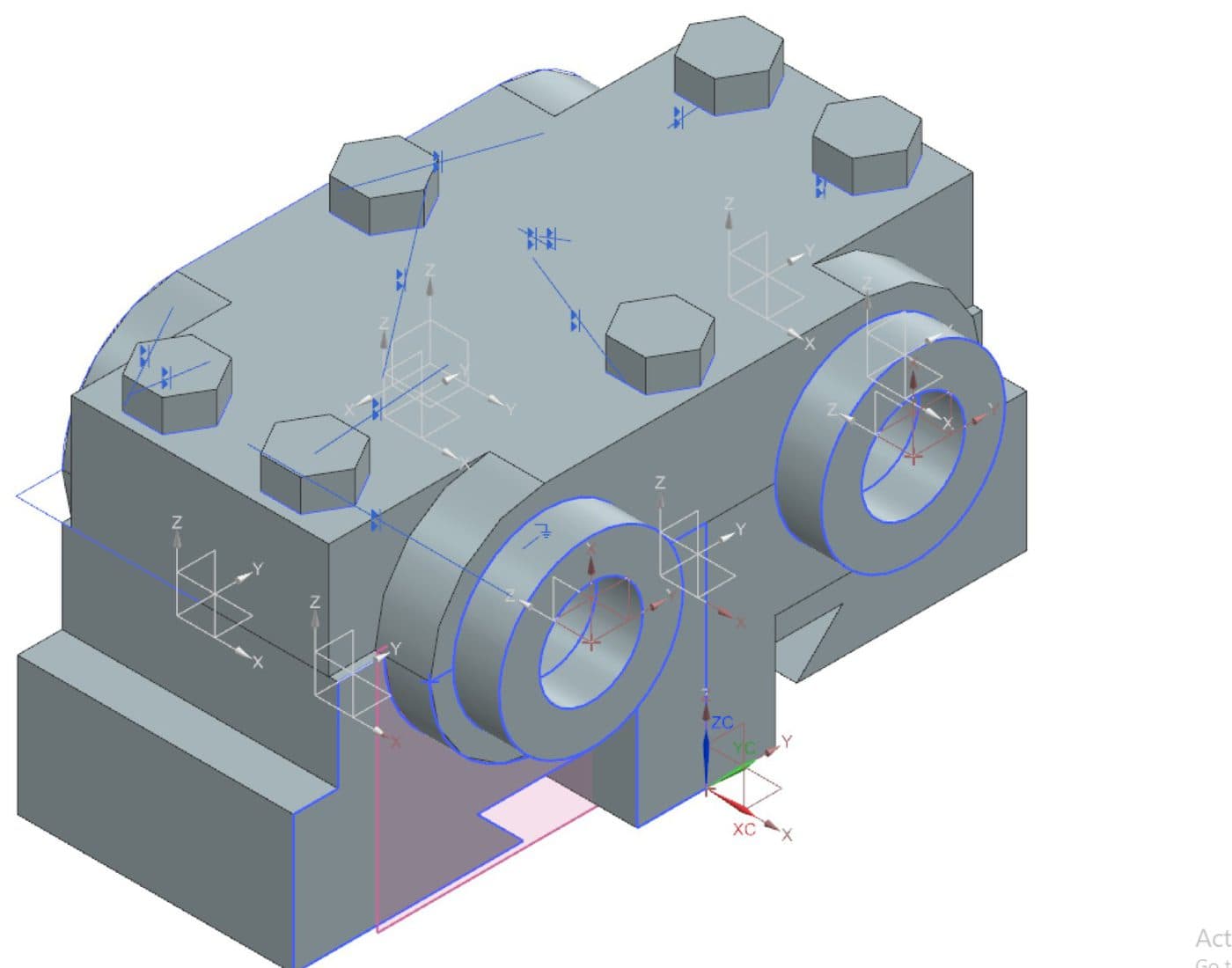 Siemens NX solid model of a split bearing housing with the bolt bosses and bores modelled.