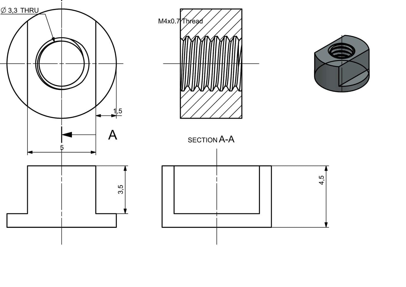 Threaded bushing drawing: front view, full section A-A with the M4 by 0.7 thread, side view and isometric.