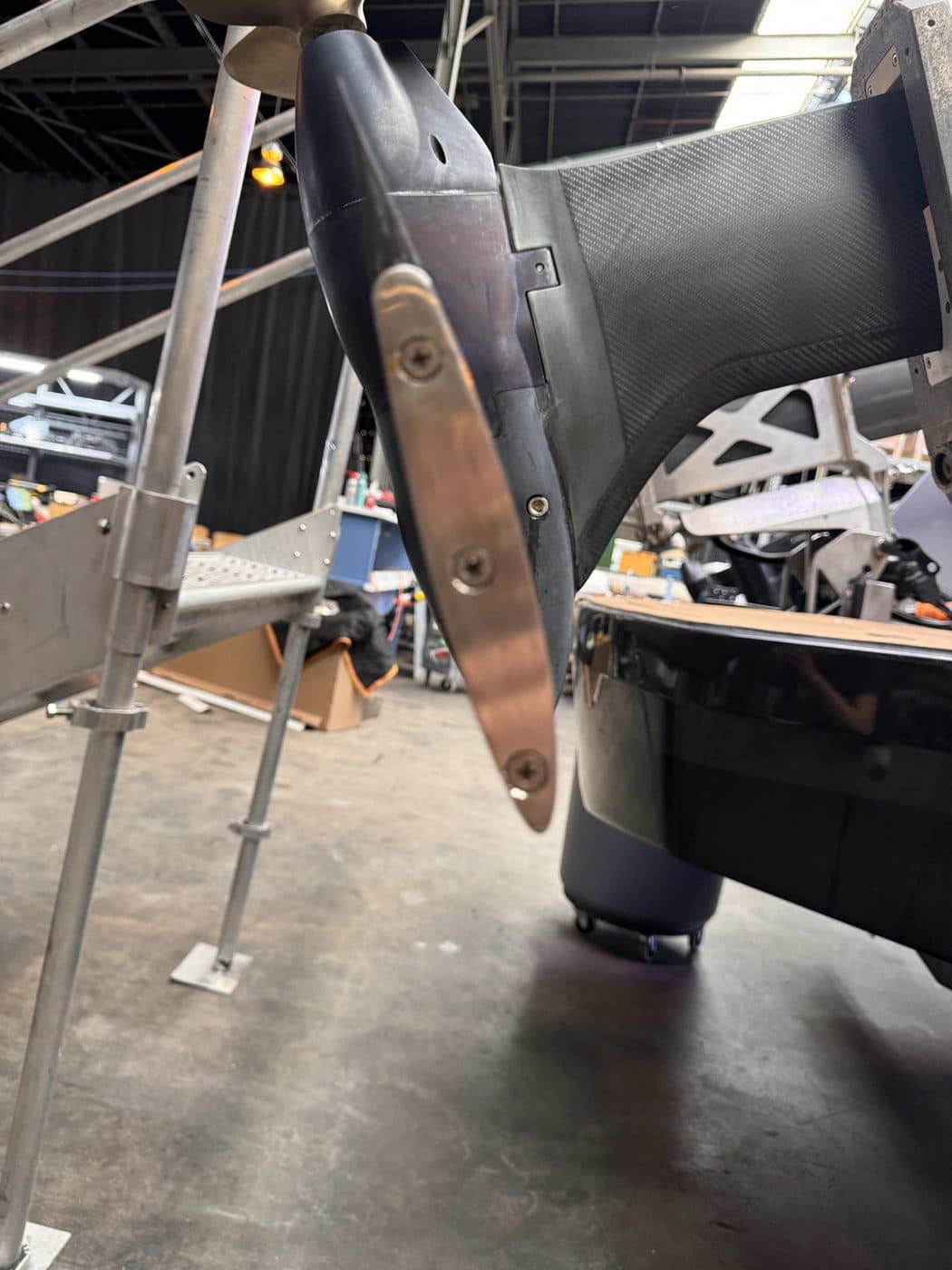 The carbon foil strut and pod, with the stainless fairing plate bolted to the leading edge.