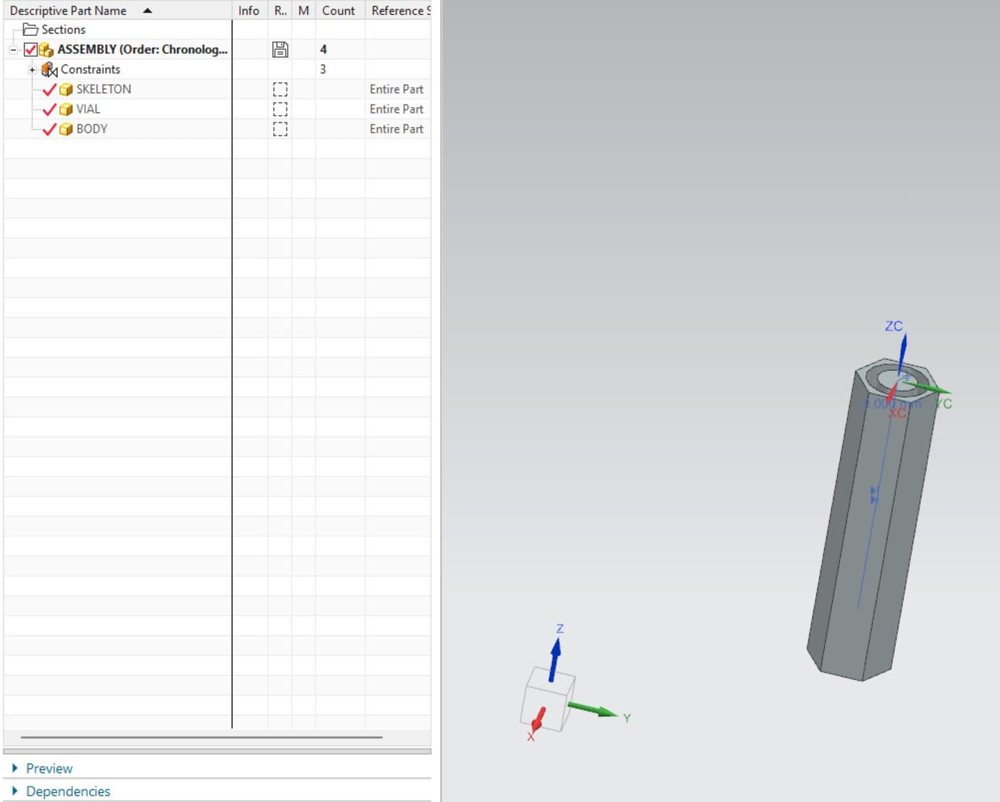 Top-down assembly in Siemens NX: a SKELETON part drives the VIAL and BODY through three constraints.