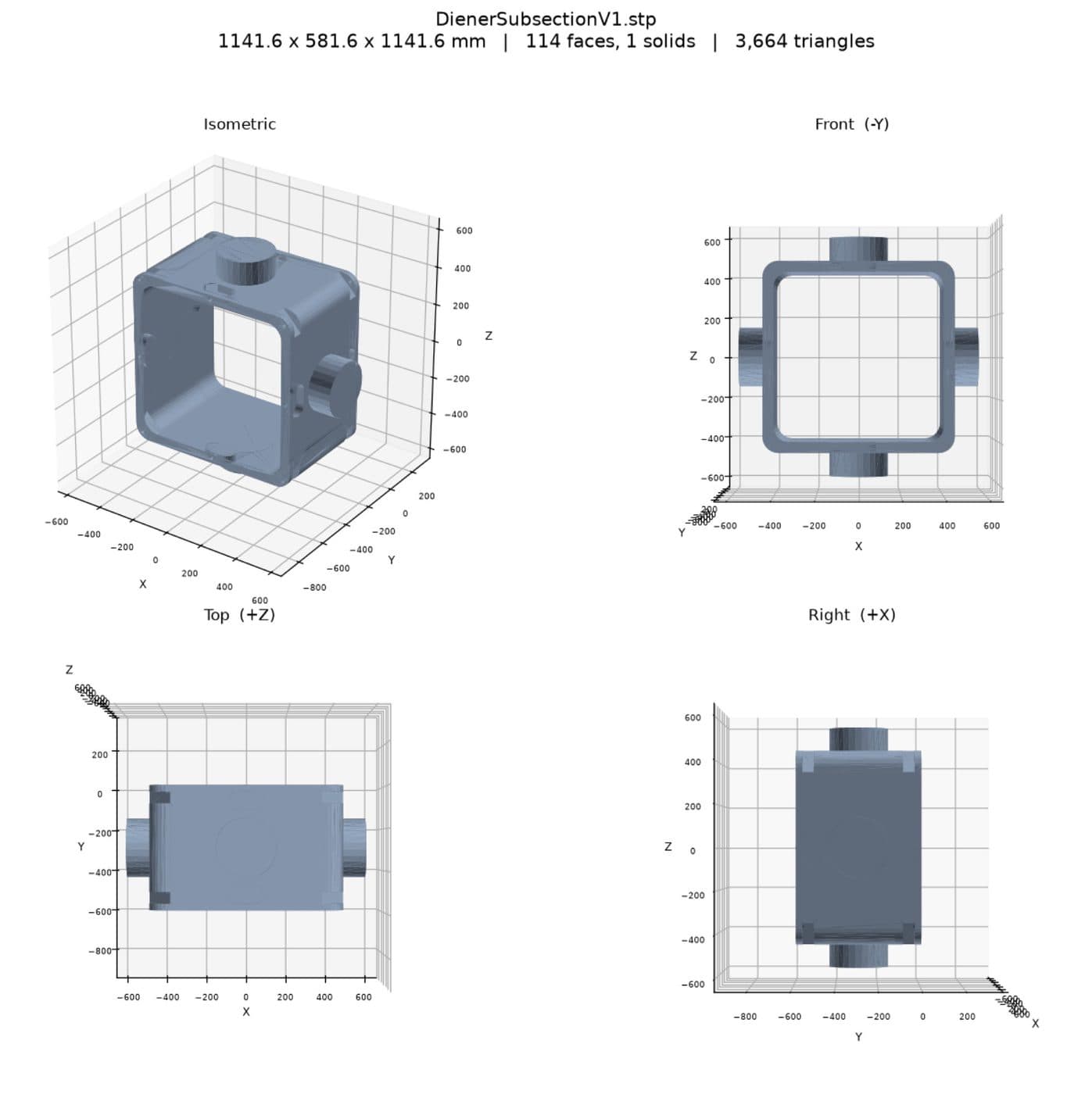 Four-view geometry check of the Diener chamber subsection as delivered.