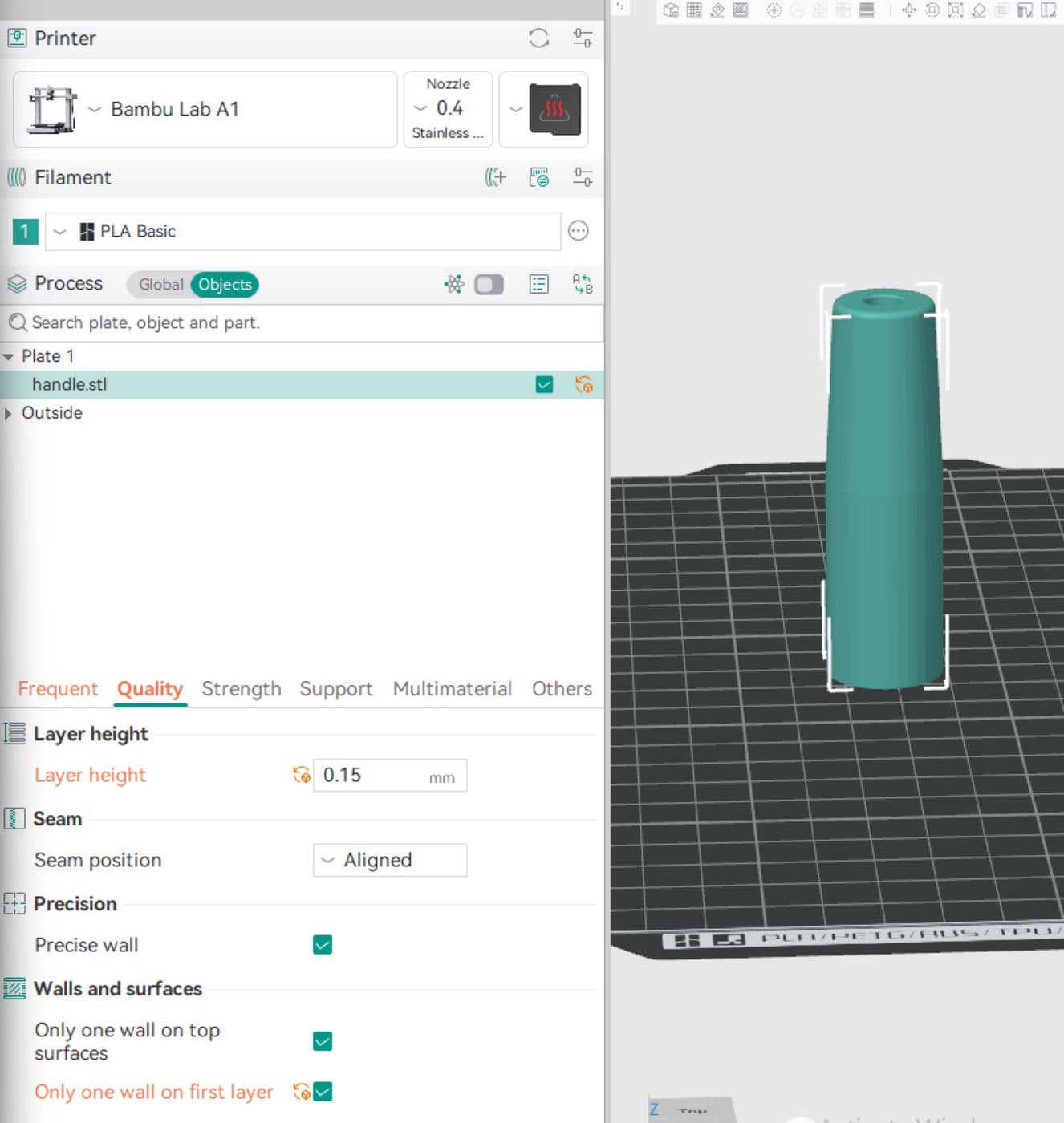 The handle model sliced for printing at 0.15 mm layers with an aligned seam.