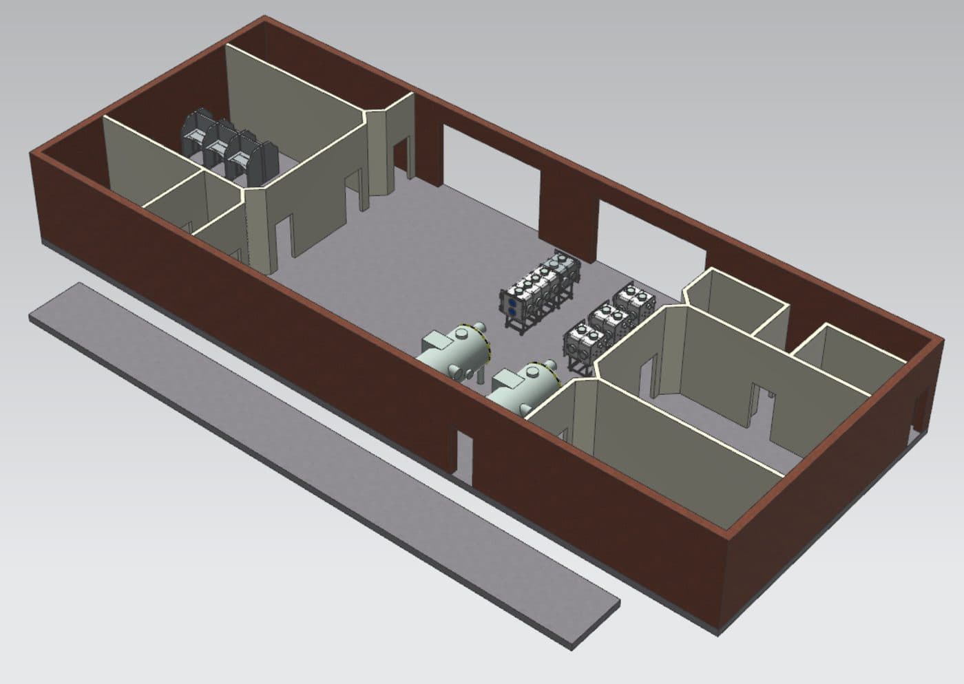 Siemens NX model of the lab building with the vacuum chambers, pump carts and control room placed to scale.