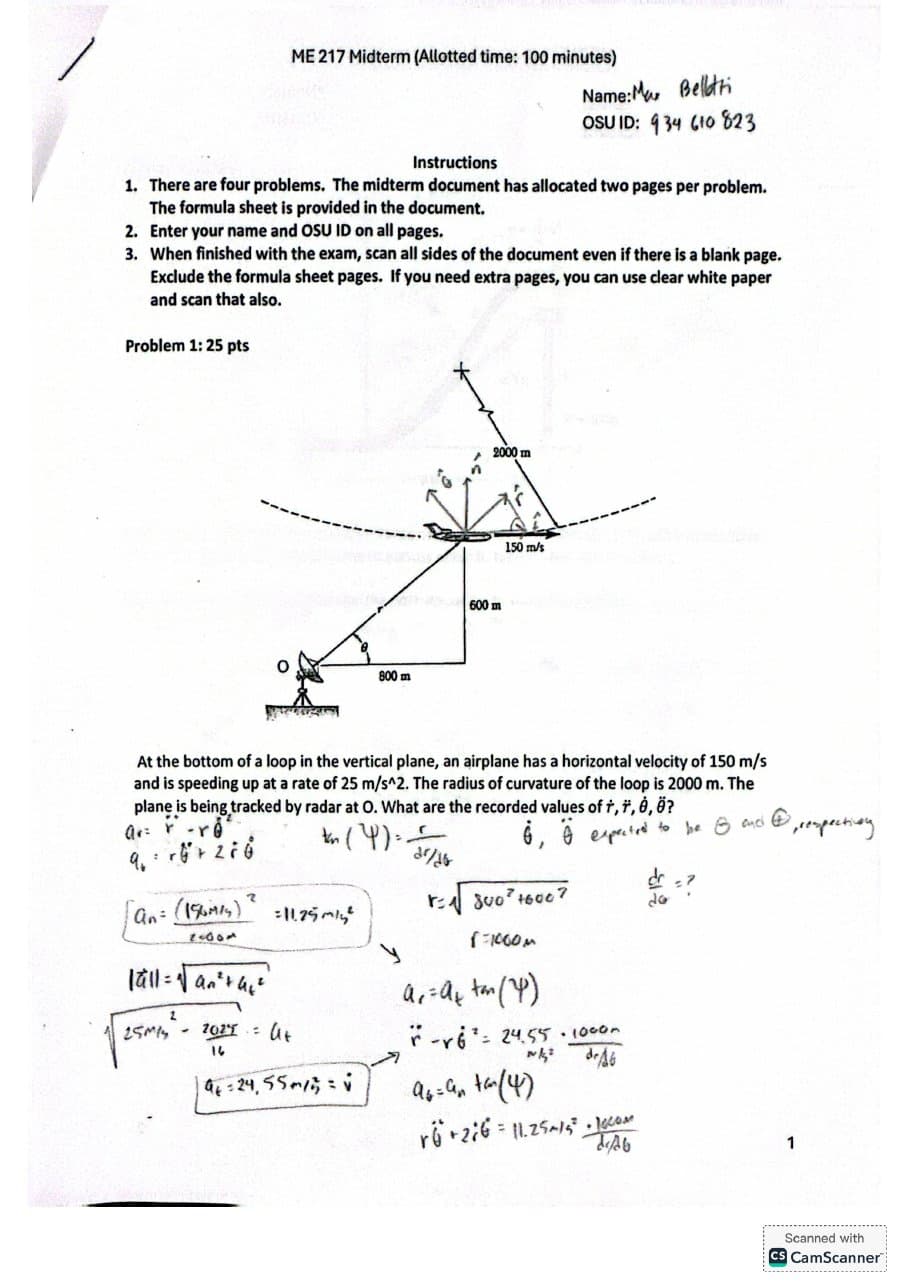 Hand-worked dynamics midterm, ENGR 217.
